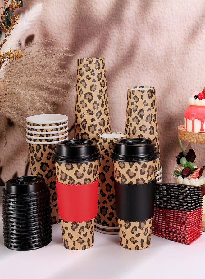 Whaline 50Pcs 16Oz Cheetah Print Leopard Party Disposable Coffee Cups with Lids and Sleeves Jungle Safari Leopard Paper Drinking Cup for Birthday Baby Shower Party Supplies - Image 4